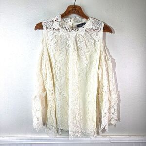Roaman's NWOT Women's Plus Size Off White Nylon Lace Cold Shoulder Top Sizs 20W